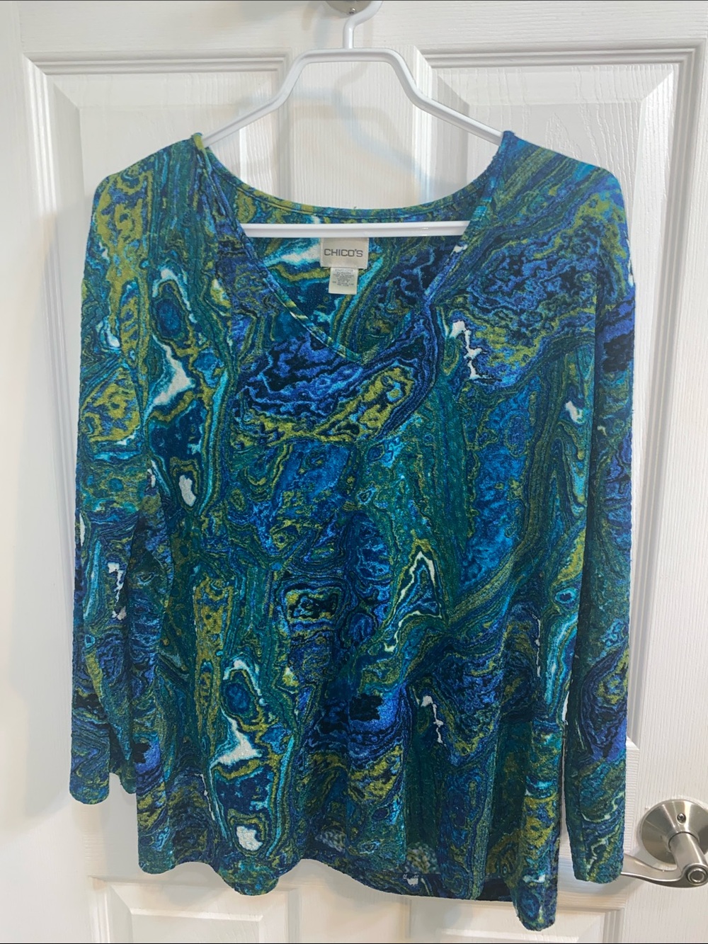 Chico’s Marbled Ocean Swirl Peacock Mermaid V Neck Top Shirt Women’s Size XL